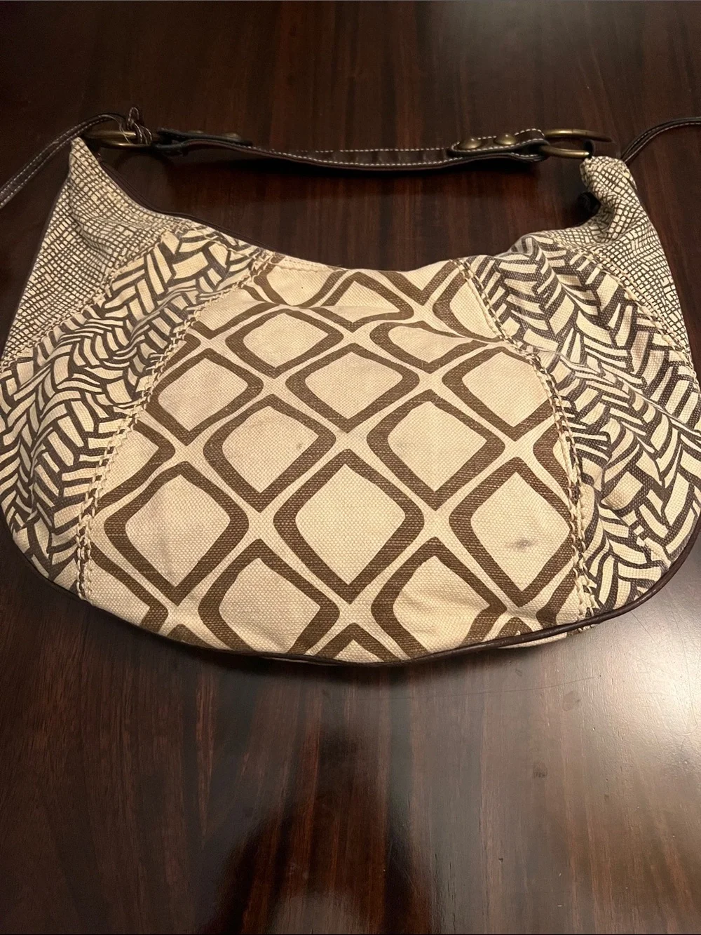 Vintage Fossil Ari hobo bag geometric canvas design studded embellishments